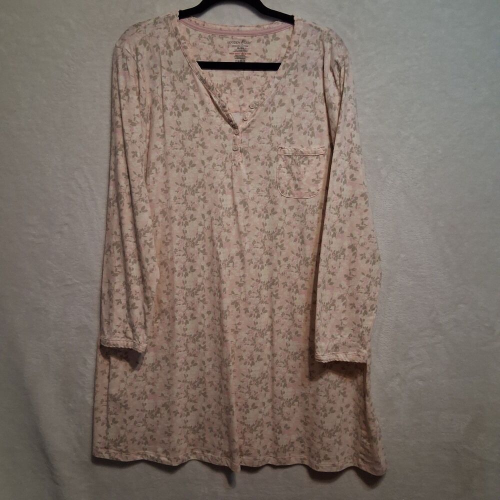 Poppy & Clay XL Nightgown Above Knee Organic Cotton Pink Floral Henley Cottage